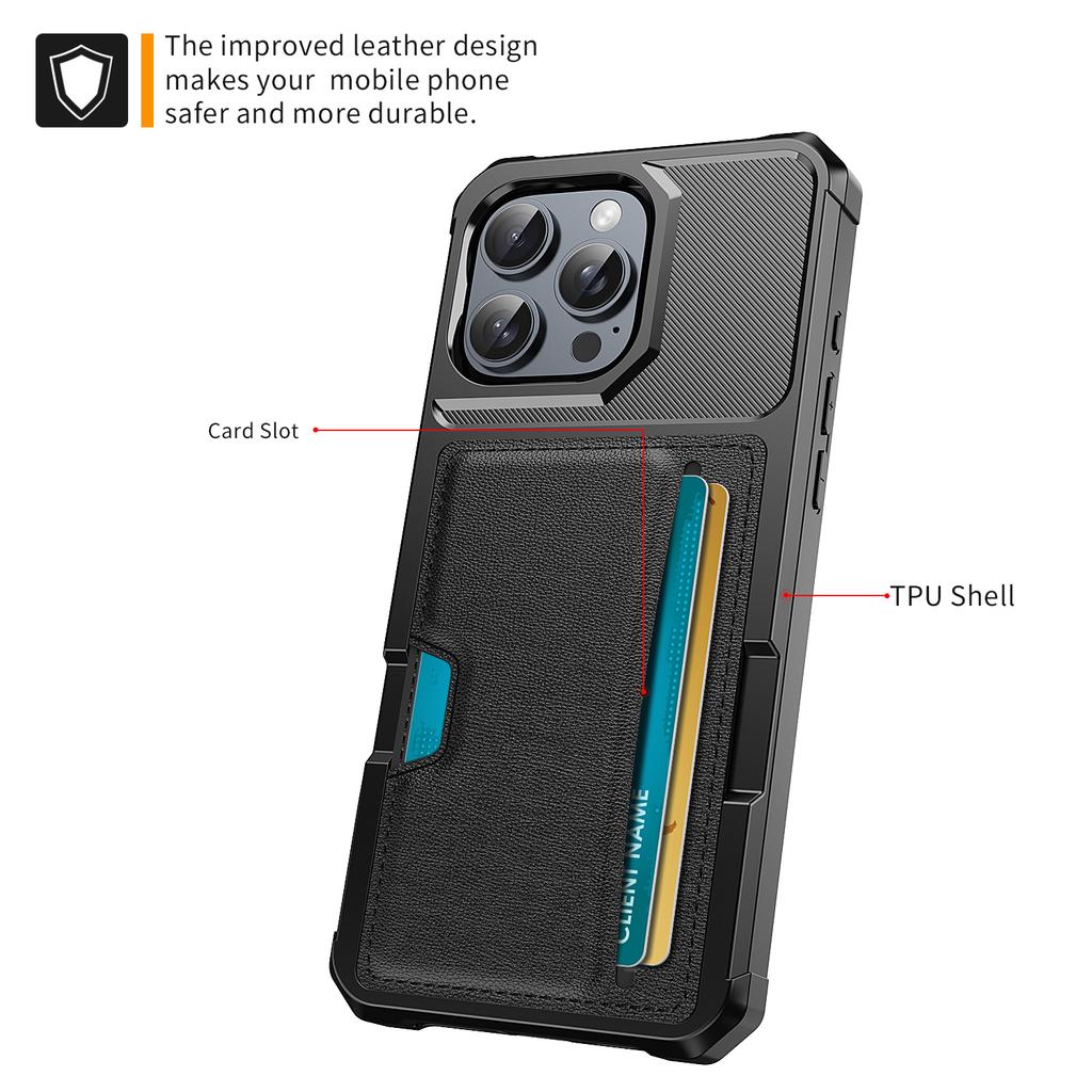 Чехол для iPhone 16 Pro Max с кармашком для карты, кожа+ТПУ, защитный чехол для телефона