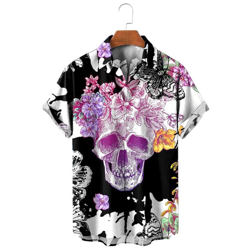 Punk Straw Hat Skull Graphic Shirts For Men Clothing Casual Hawaiian Vacation Short Sleeve Fashion Men's and Women's Beach Shirts Y2k Tops