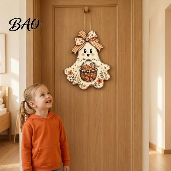 Indoor Wall Hanging Ornament Cute Bow Ghost Sign, Rustic Retro Floral Door Sign with Pumpkin Decoration Basket, Vintage Halloween Wooden Pendant