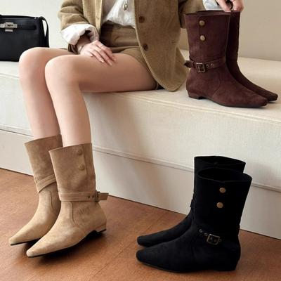 Замшевые полусапоги на толстом каблуке Женские сапоги 2025 Осень и зима Ретро Западные ковбойские сапоги с юбкой Узкие сапоги Короткие сапоги