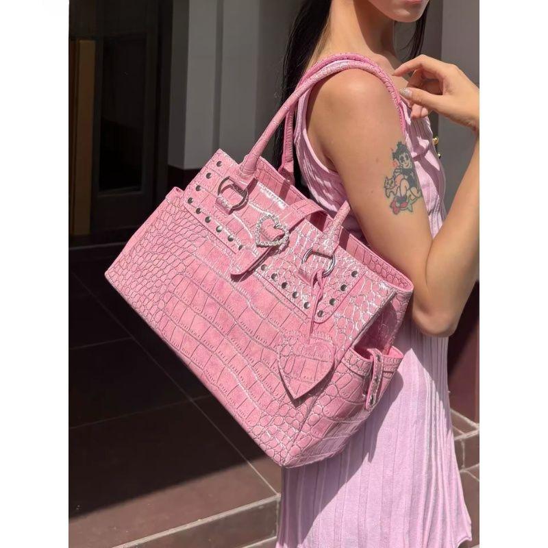 JIAERDI Hot Girl Rivet Crocodile Embossed Tote Bag Women Sweet Leather Large Capacity Shoulder Bag Ladies Heart Pink Y2k Handbag