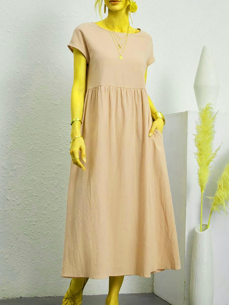 European & American Solid Color Sleeveless Loose Cotton Linen Pocket Dress 2024 In Stock