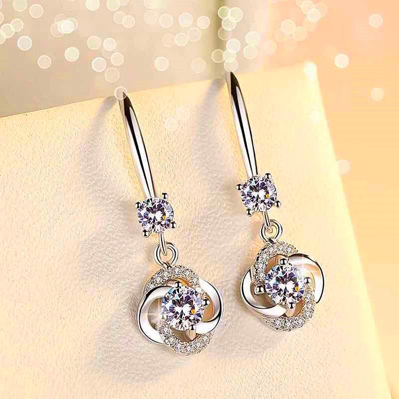 New Temperament Earrings Imitating S925 Silver Water Drop Zircon Medium and Long Four-leaf Clover Simple Earrings