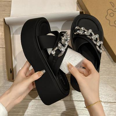 Стразы тапочки на одно слово женщины носят летом, новые маленькие люди увеличивают рост, модные на толстой подошве, пляжные крутые тапочки женщины