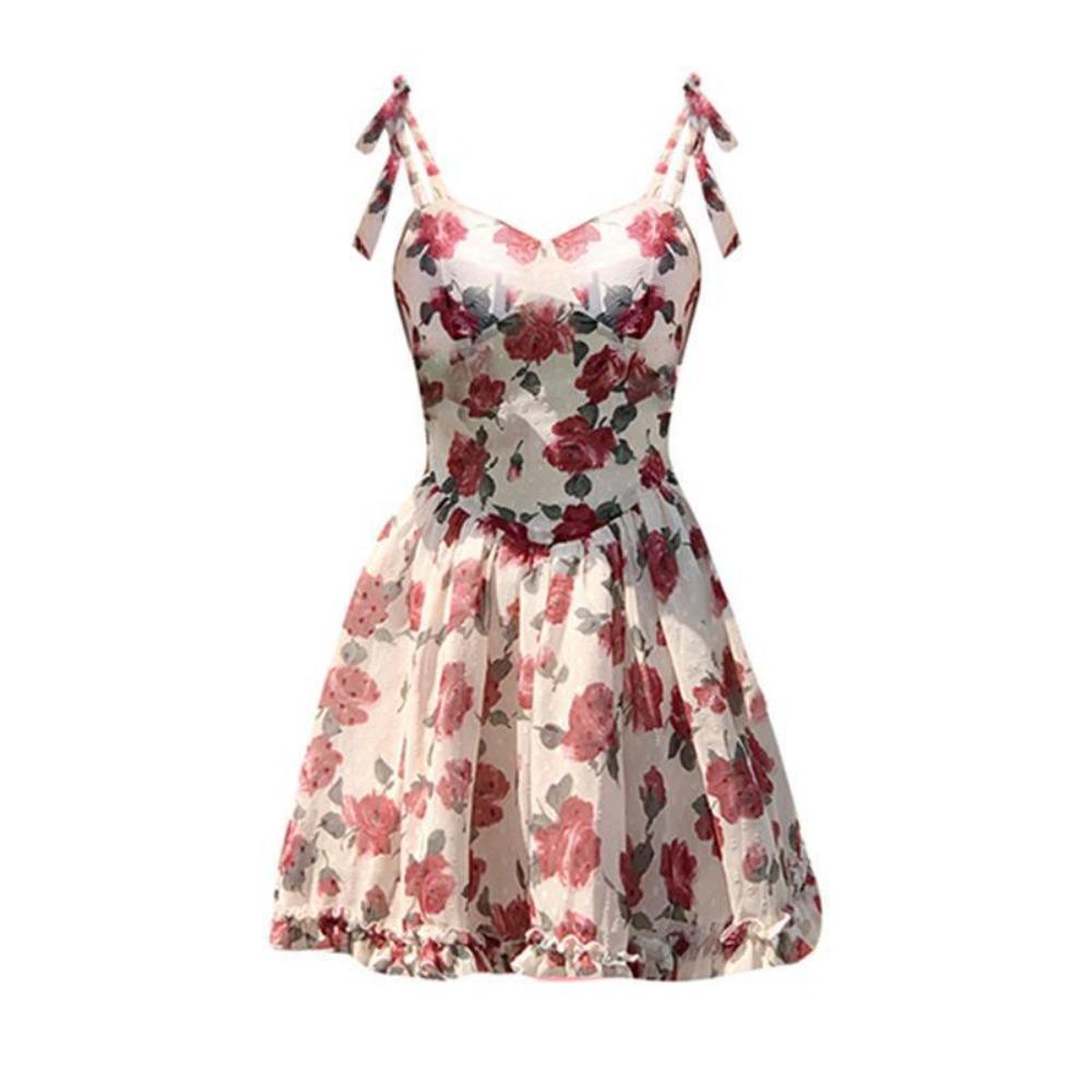 Rose Floral Dress Women Skirt Sling Strap Sundress Fashion Mini Sleeveless Dress Lolita