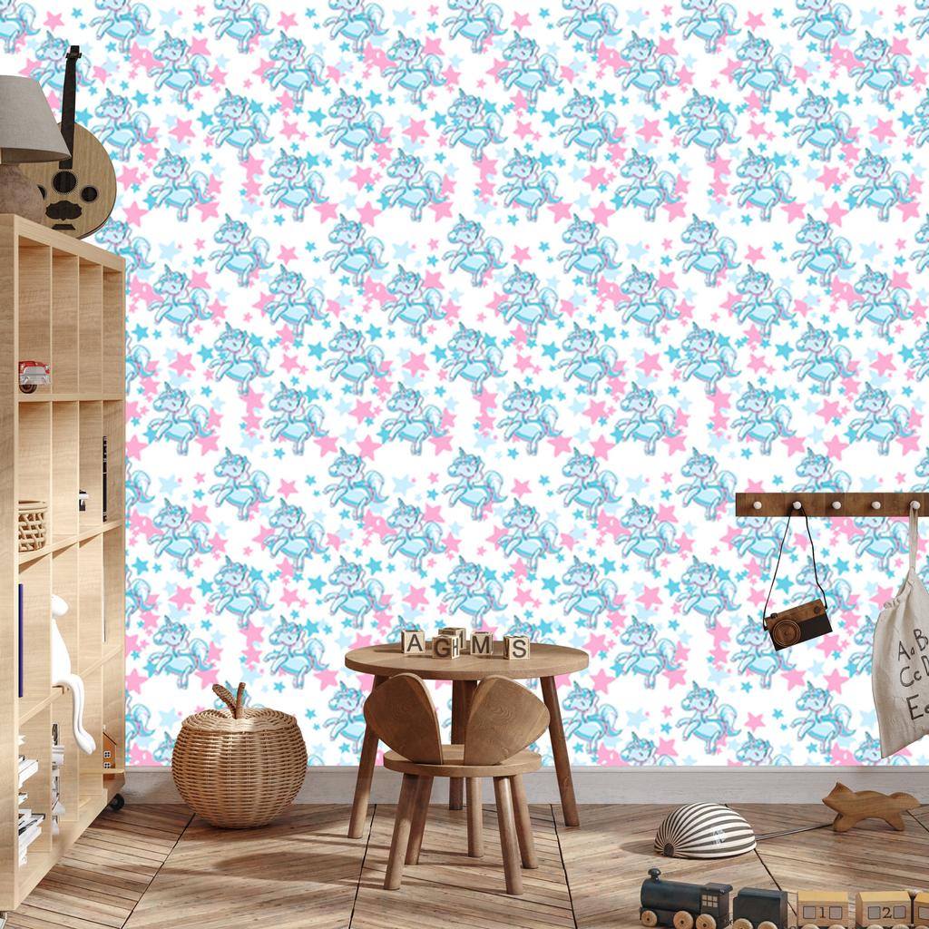 Wallpaper Smiling Unicorns in Front of Stars for Living Room and Bedroom 50x1000