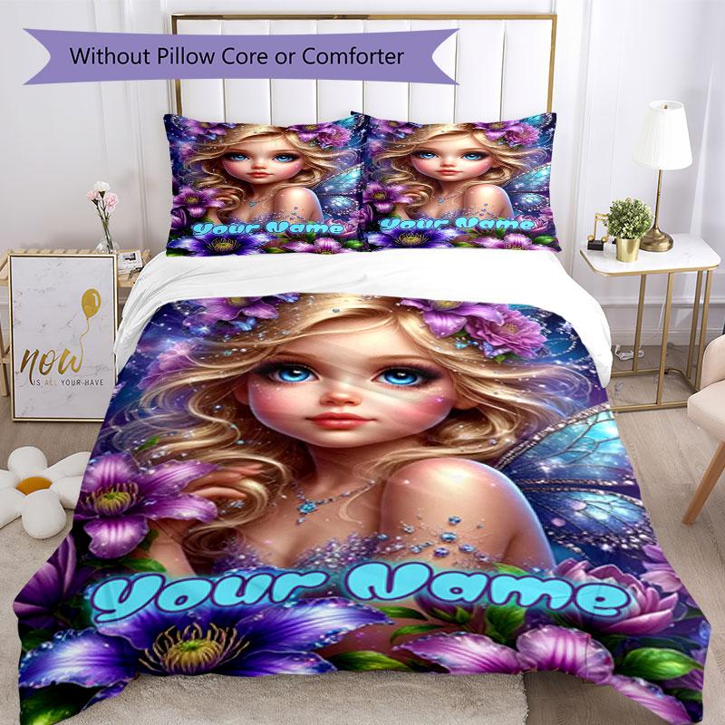 3pcs Custom Name Fantasy Fairy Garden Bedding Set Printed Bedding Set Duvet Cover Closure Includes 1 Duvet Cover & 2 Pillowcases Bedroom Decor