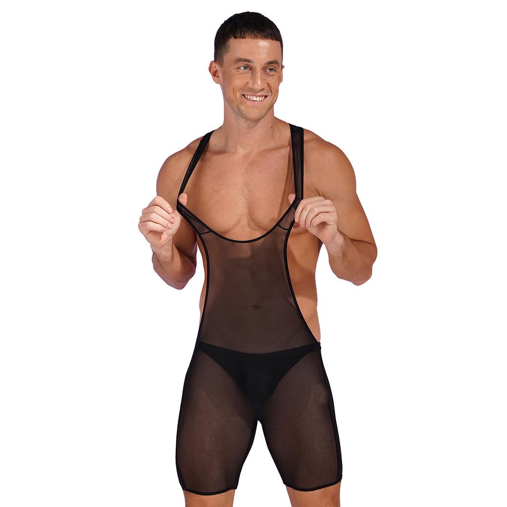 Men's Suspender Wrestling Singlet Leotard Bodysuit Jockstrap One Piece Deep U Neck Jumpsuit