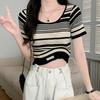 Летний винтажный универсальный вязаный свитер в контрастную полоску для женщин большого размера, свободная футболка с короткими рукавами
