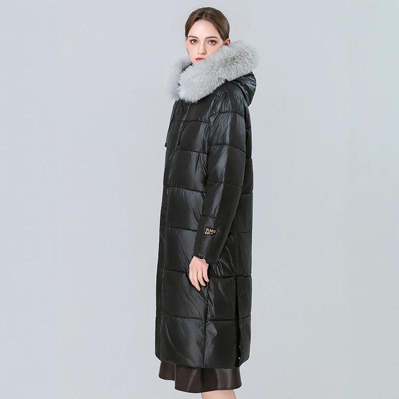 Leave-in glossy over-the-knee long cotton-padded clothes for women's simulation of large fur-collared cotton-padded jackets, horizontal grid plush ins