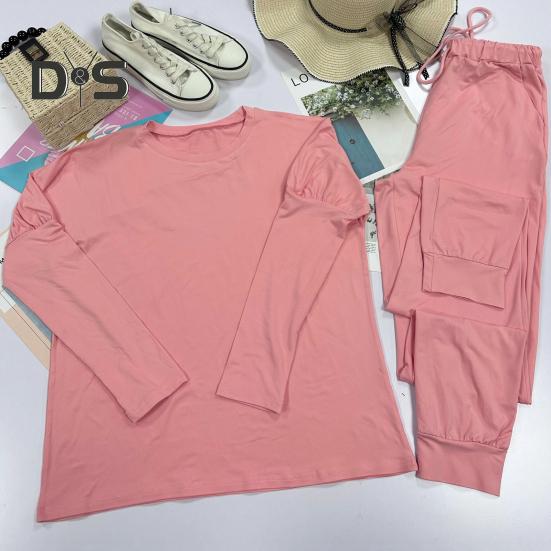 2 Pcs/Set Women Top Pants Suit Crew Neck Long Sleeves Solid Color Sleepwear Sport Sweatshirt Drawstring Elastic Waist Trousers Fitness Outfit Fall