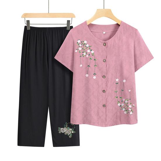 Комплект из двух предметов с цветочным принтом для пожилых женщин, повседневный топ с короткими рукавами и брюки на пуговицах, летняя одежда для бабушек и мам