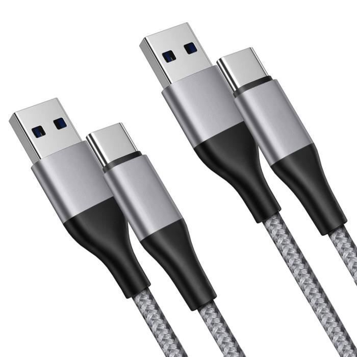 2x Câble USB-C Nylon Rapide 3A pour Xiaomi Redmi 14C 13C, Redmi Note 13/Note 14 4G-5G, Note 13 Pro Plus 5G - Gris 1 Mètre