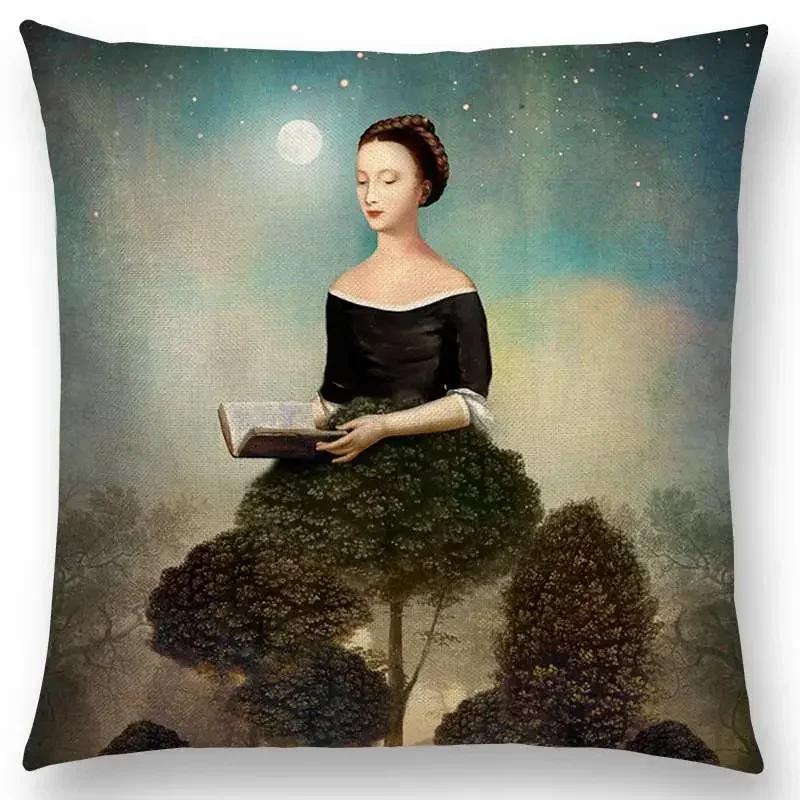 45x45cm Elegant Women Lovely Girl Shakespeare Fantasy Painting Moon Night Swan Dream Tree Cushion Cover Sofa Throw Pillow Cover