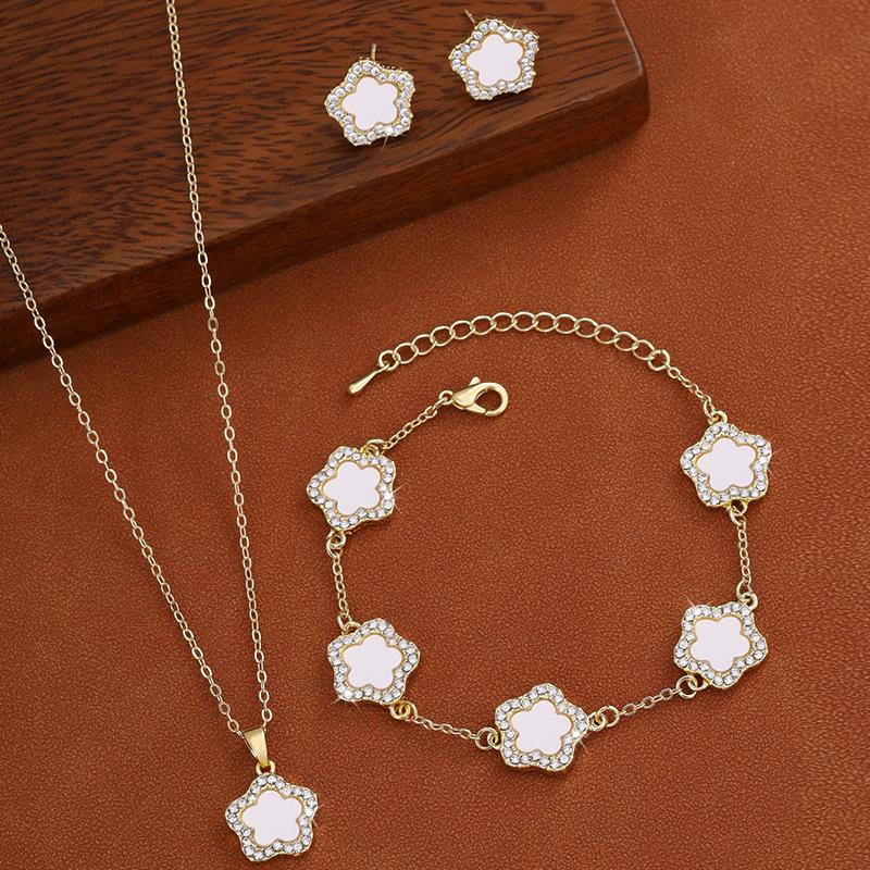 Diamond Studded Five Petal Flower Earring Necklace Complete Set of Jewelry Versatile and Fashionable Five Leaf Flower