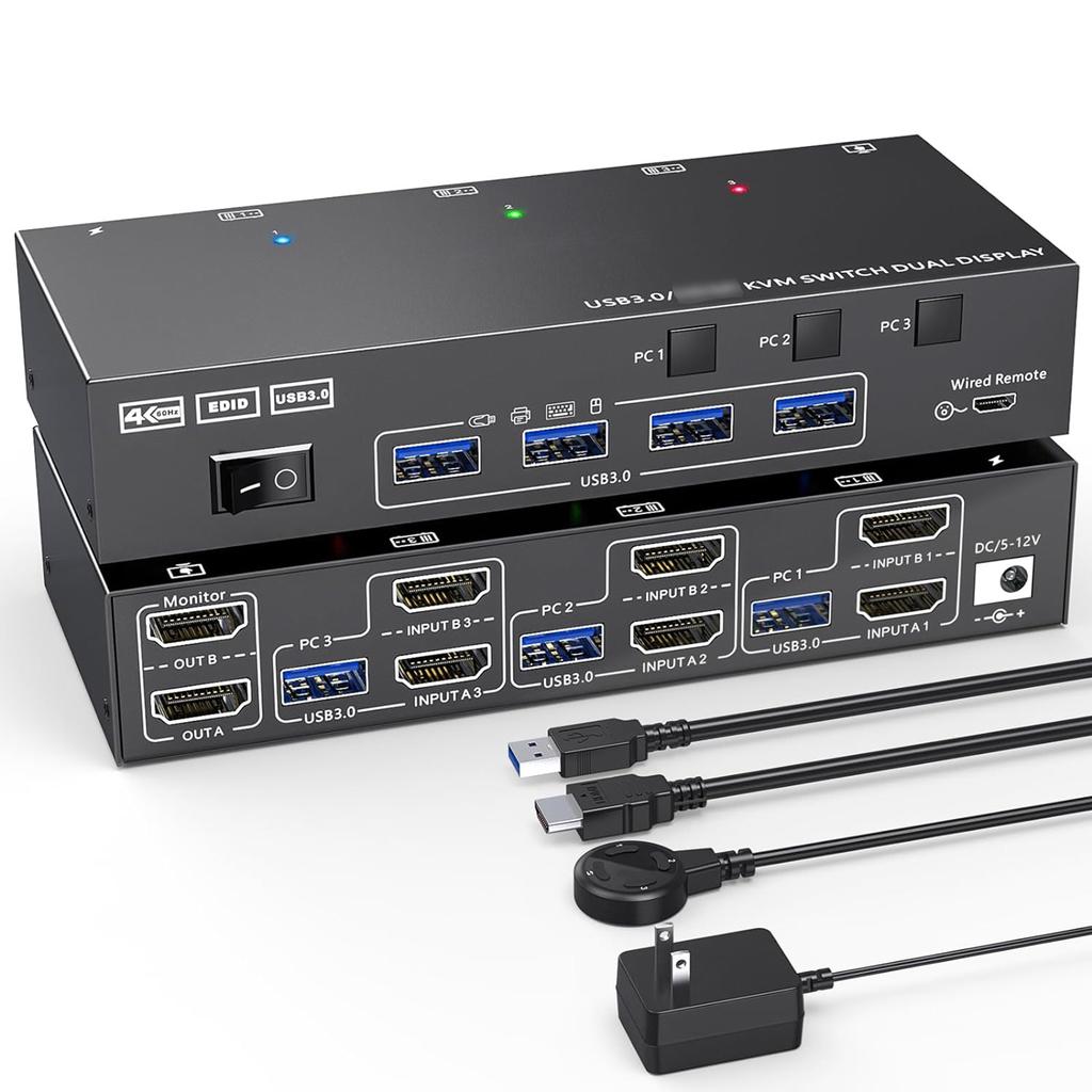 KVM-переключатель для двух мониторов   USB 3.0   -совместимый KVM   2 монитора 3 ПК 4K@60Hz 2K@144Hz, эмулятор EDID, KVM для двух мониторов   с 4 портами USB 3.0