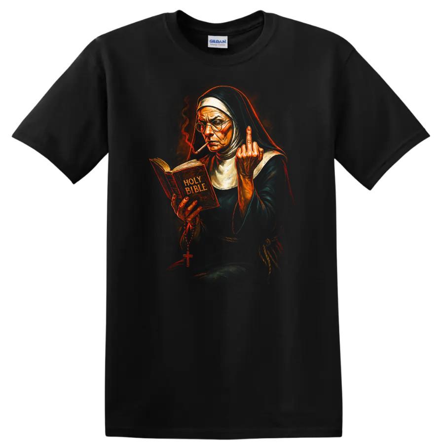 Nun Smoking Bible Funny Graphic T Shirt Religious Humor Dark Urban Tee
