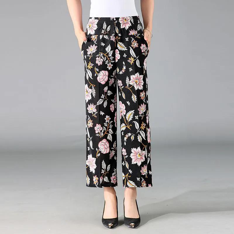 WTEMPO Женские брюки-клеш с широкими штанинами из шелка с принтом весна-лето, эластичные, с высокой талией, тонкие, свободные, укороченные брюки для мам