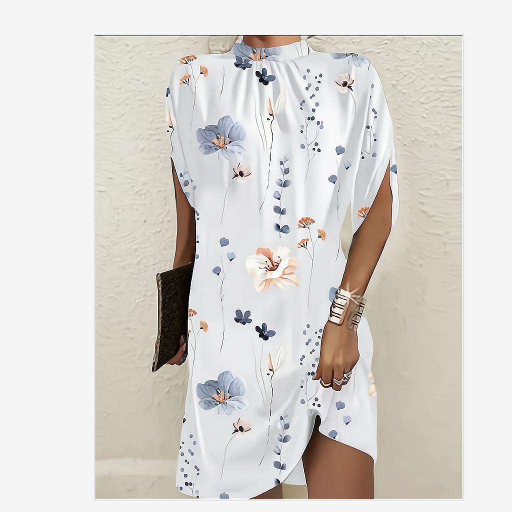 Women Summer Dress Flower Print Short Sleeve Loose Soft Breathable Colorfast Pullover Above Knee Length Mini Dress