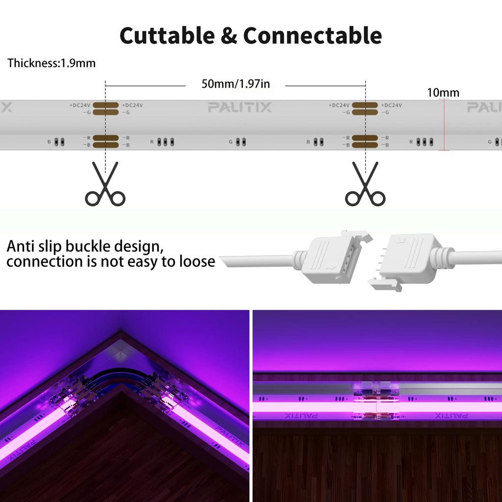 5V RGB COB LED Strip Light USB Flexible Tape with APP Control, Music Sync, Remote for TV Backlight Bedroom Cabinet DIY Decor