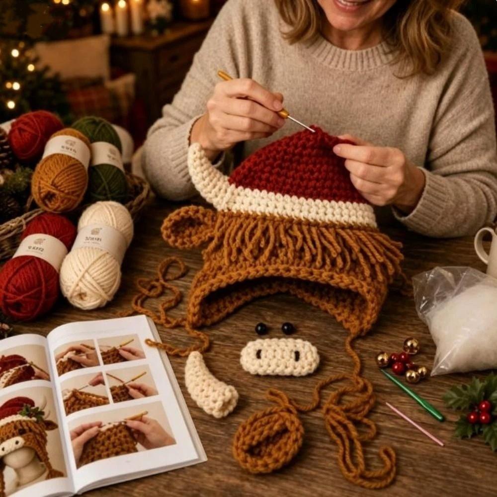 Cattle DIY Crochet Hat Kit Handmade Christmas Hat Kit Animal Hood Knitting Hat Party Cosplay