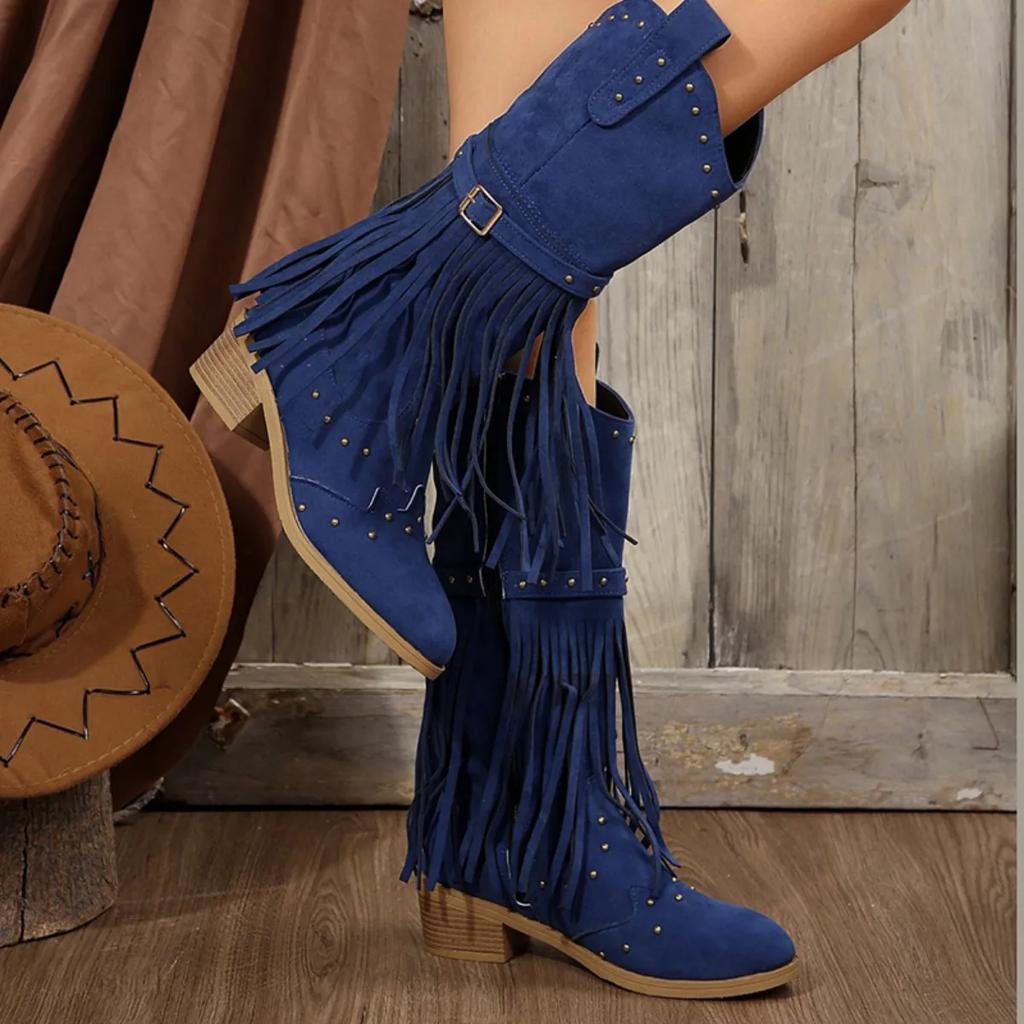 Винтажные сапоги до середины голени с кисточками, женские сапоги в стиле вестерн с отделкой заклепками и толстым каблуком, женские сапоги-ковбойки с застежкой-молнией и высоким голенищем, большие размеры