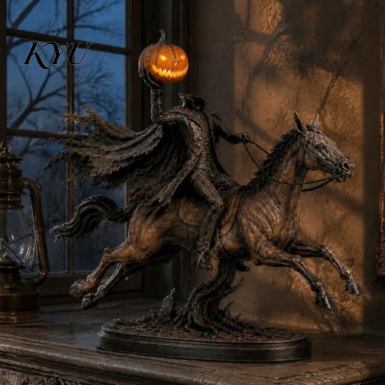 Sleepy Hollow Knight Ornament Headless Horseman Statue with LED Pumpkin Light, Resin Halloween Dark Retro Tabletop Figure Figurine, Horror Sculpture