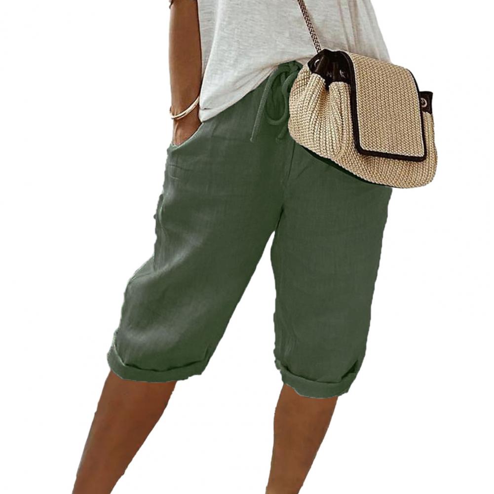 Брюки с эластичной талией, винтажный стиль, дышащие брюки длиной до колена с карманами для женщин, брюки с эластичной талией и завязками, однотонные