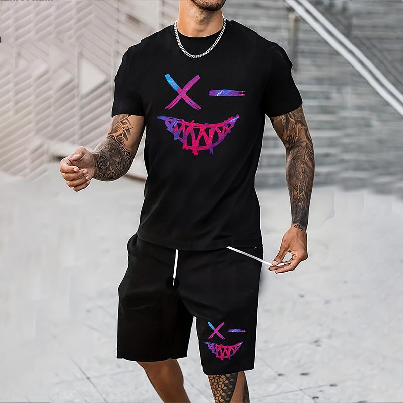 Мужской костюм, летний повседневный дышащий освежающий костюм с принтом 3D Evil Face, большой мужской свободный топ, модный с короткими рукавами