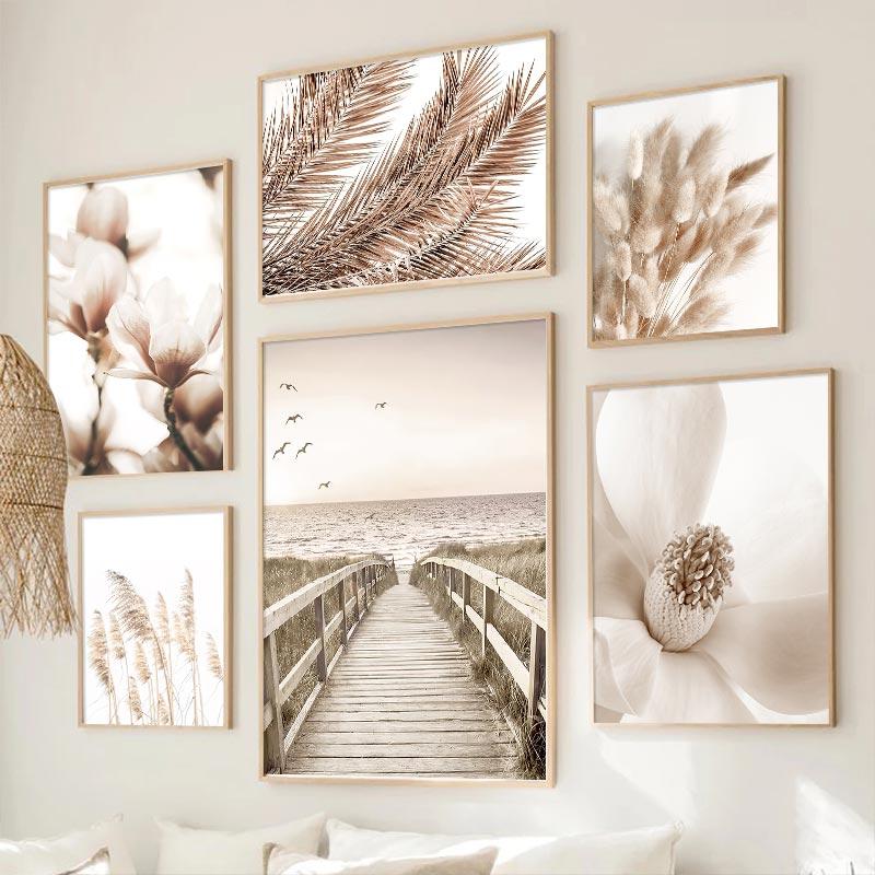 Скандинавский бежевый цветок, трава, холст, картина, пейзаж, картина, минималистичный настенный художественный постер, пейзажный принт, современный декор для дома, комнаты