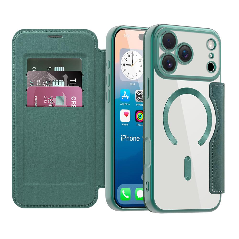 For Magsafe Clear Flip Leather Slot Card Bag Holder Magnetic Phone Case For 17 Pro Max Air Wireless Charging Wallet Cover