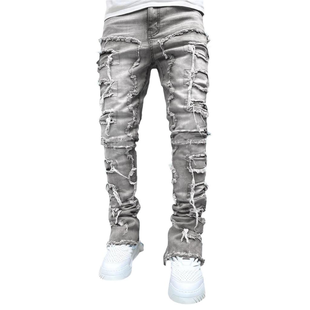 GLYDE Casual Distressed Men's Jeans Tassels Patchwork Design Vintage Washed Stretch Denim Pants Straight Fashion Streetwear Trousers
