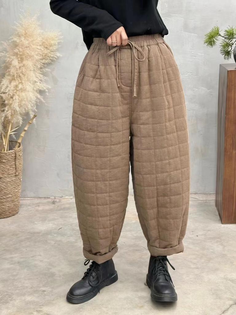 Johnature Женские зимние винтажные однотонные шаровары с эластичной талией в китайском стиле, свободные брюки