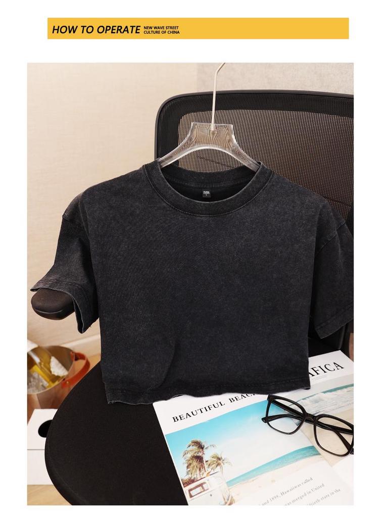 Женская стираная винтажная укороченная футболка: Тяжелый 230 г Чистый Хлопок, Ретро Свободный Крой, Короткий Рукав Топ Длиной до Талии