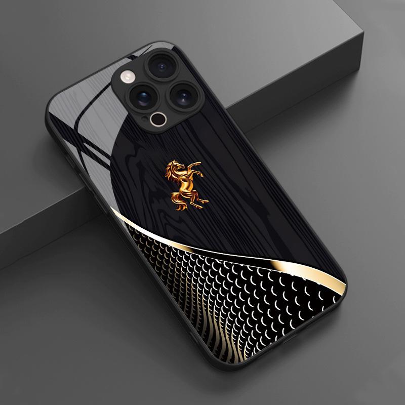 Черный противоударный чехол из закаленного стекла с темным узором и золотой прыгающей лошадью для Samsung Galaxy S23 S24 S25 Ultra Plus FE