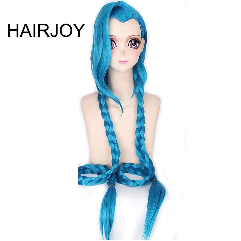 HAIRJOY Косплей Лол Джинкс 100 см Длинный Синий с Двойными Косами Хэллоуин Аниме Костюм Парик Термостойкий Синтетический Волос