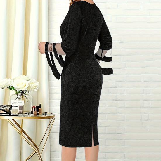 Women Party Dress Mesh Patchwork Low-cut V Neck Knee Length Slim Fit Sheath Long Flared Sleeve Solid Color Tight Waist Lady Prom Banquet Dress