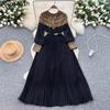 Temperament Robe Femme Maxi Dresses for Women Long Sleeve O-neck Sequin Slim Waist Vintage Pleated Dress 2025 Vestidos De Mujer
