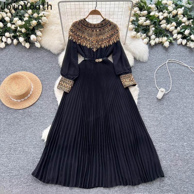 Temperament Robe Femme Maxi Dresses for Women Long Sleeve O-neck Sequin Slim Waist Vintage Pleated Dress 2025 Vestidos De Mujer