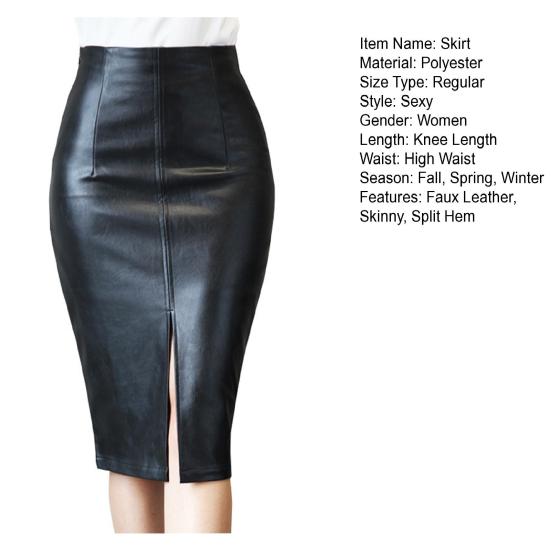 Женская юбка с высокой талией, облегающая облегающая узкая искусственная кожа с разрезом подол, длиной до колена, сплошной цвет, гладкая застежка-молния, OL, коммутирующая женская юбка-миди