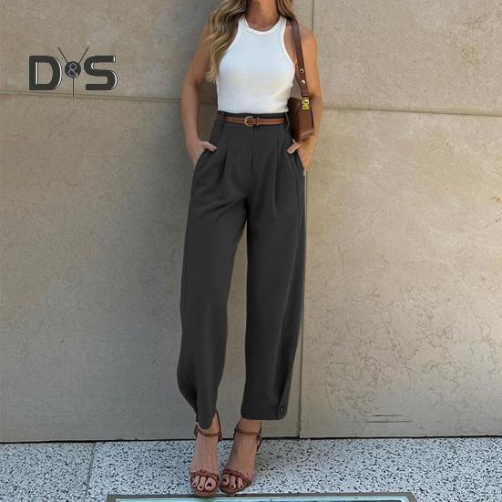 Женские костюмные брюки с высокой талией и пуговицами на молнии, однотонные брюки свободного покроя с карманами, длинные брюки в повседневном стиле