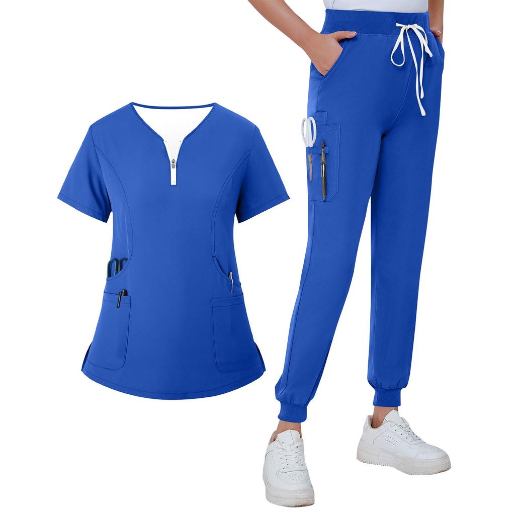 Women's Summer V-neck Zippered Loose Uniform With Pockets And Short Sleeves