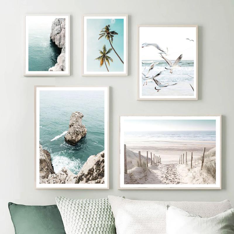 Современный небольшой свежий пейзажный постер, украшение, картина, чайка, кокосовая пальма, морская черепаха, природный пейзаж, настенная картина для гостиной