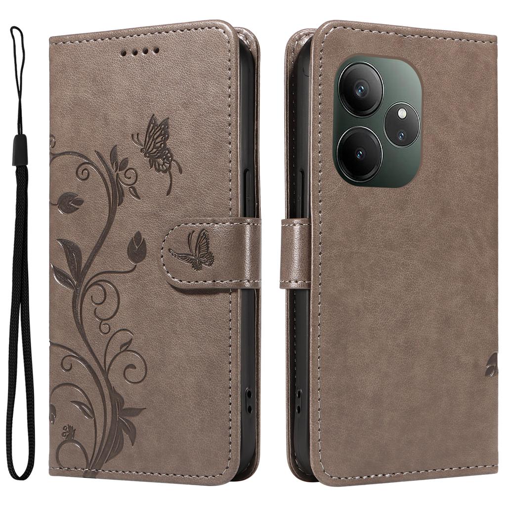 For Realme GT 6 5G PU Leather Cases Flower Pattern Wallet Stand Phone Cover with Strap