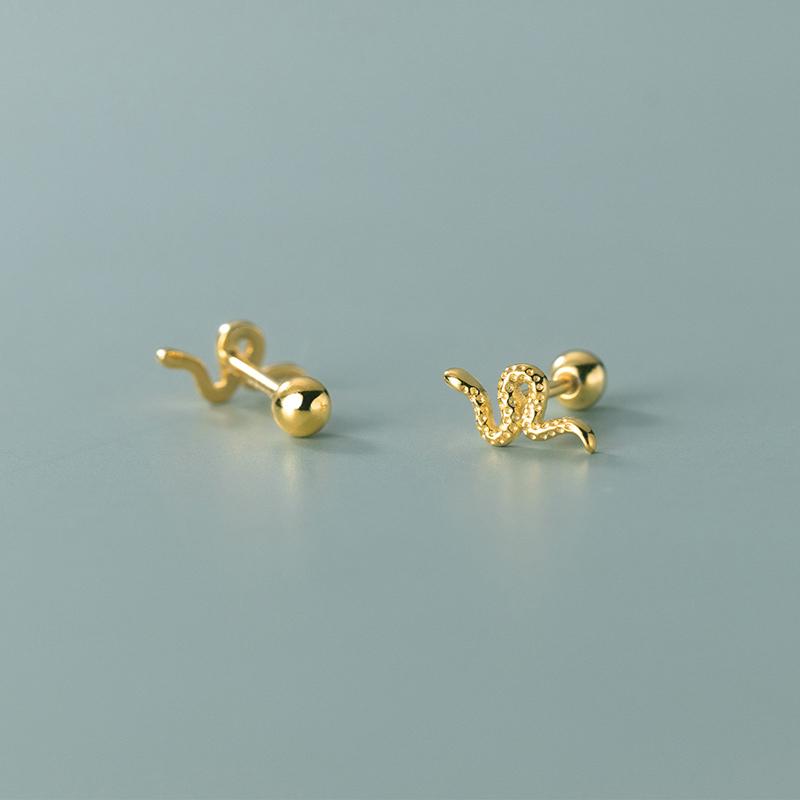 WANTME 925 Silver Cute Statement Golden Snake Spiral Bead Small Stud Earrings for Women Punk Ear Bone Piercing Jewelry