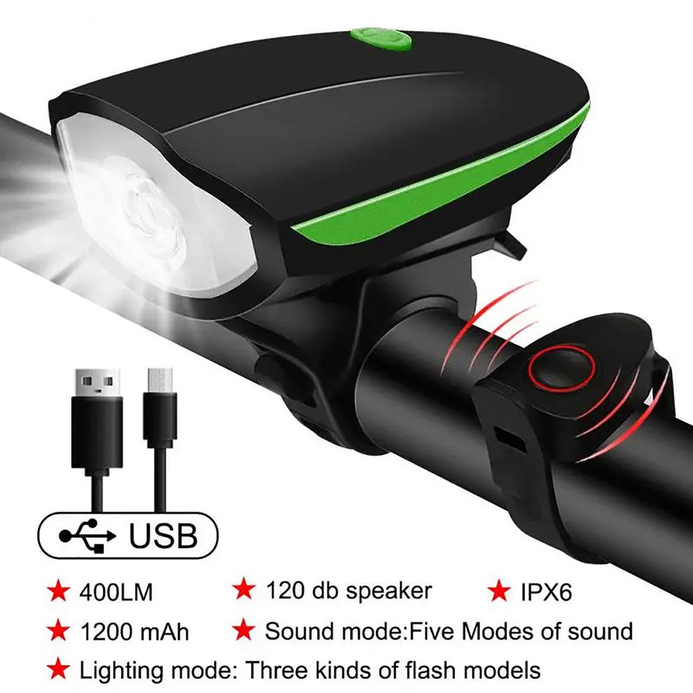 USB Rechargeable Bike Headlight with Horn Waterproof LED Front Light for Mountain Road Bicycle Night Riding Safety
