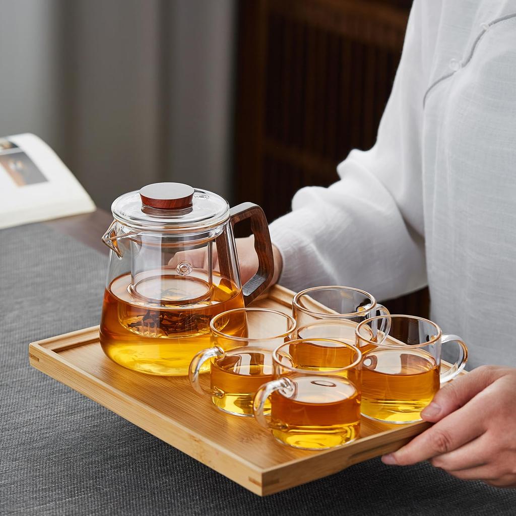 Pokaro Tea Heat-Resistant Glass Teapot, 650ml, with Lid, Wooden Handle, and Glass Tea Strainer, Stovetop-Safe, Handmade, with Black Tea Pods, Boiling