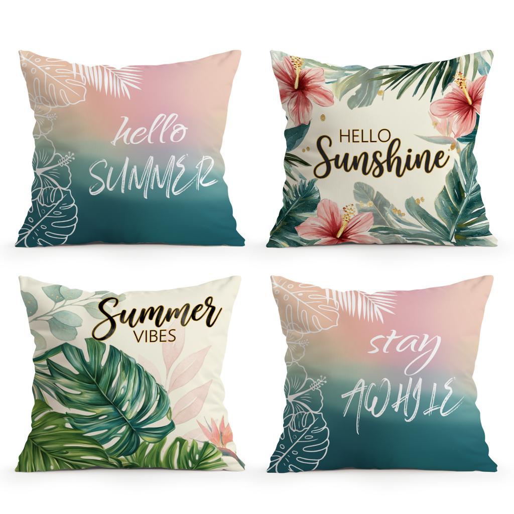 4pcs/setGreen and Pink Hawaiian Theme Cushions Pillowcase Polyester Cushion Cover Throw Pillow Pillowcover Home Car Sofa Decor