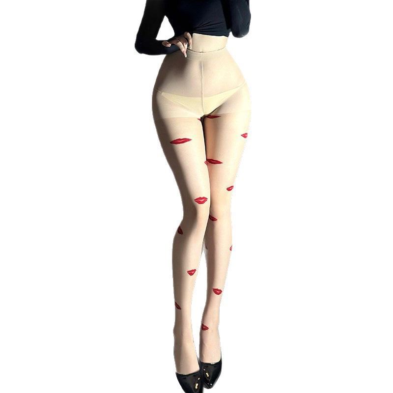 Сексуальные прозрачные черные чулки с принтом губ для женщин, устойчивые к зацепкам