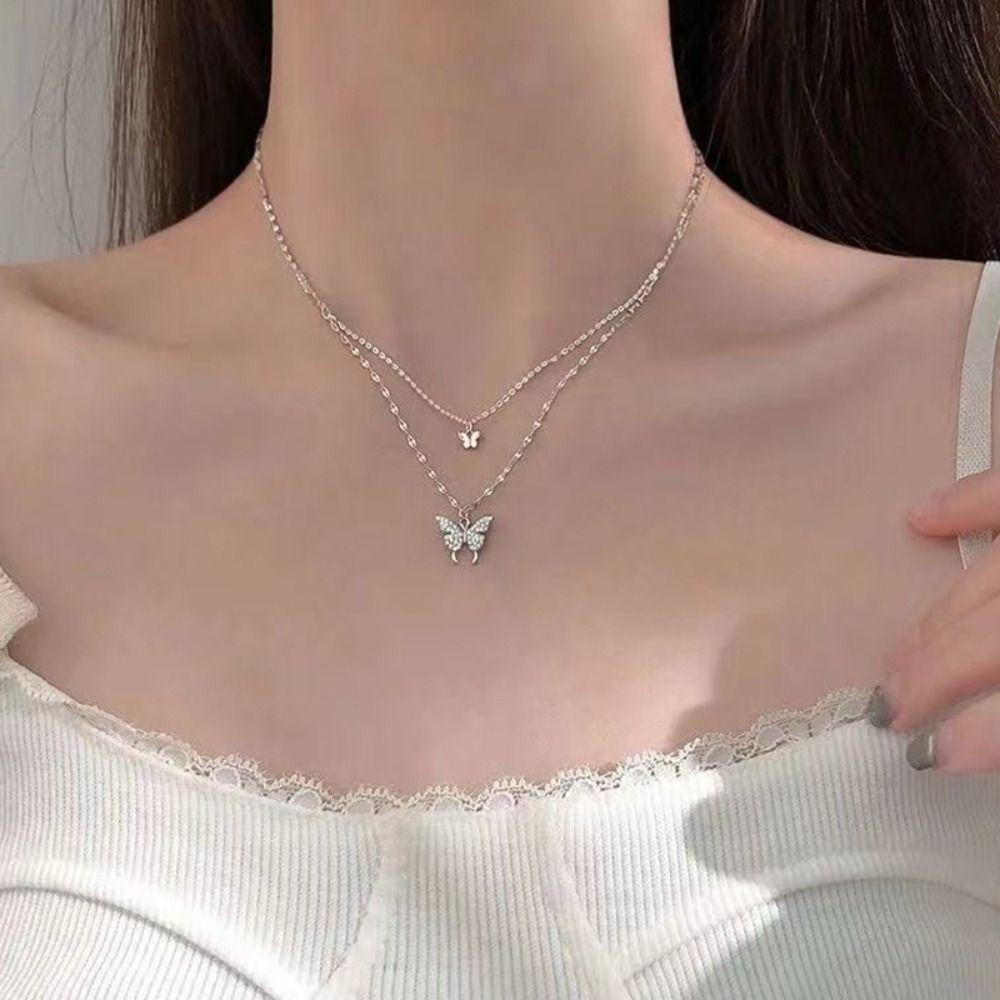 Exquisite Small Pendant Necklace Double Layer Clavicle Chain Shiny Butterfly Necklace  Ladies Gift